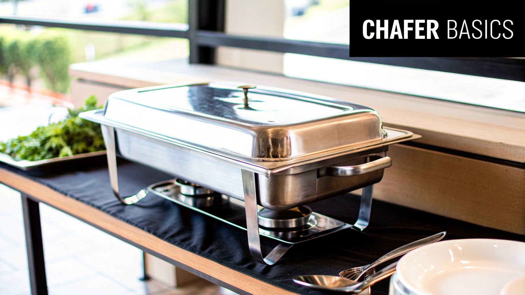 A stainless steel chafing dish with a lid sits on a black tablecloth at a buffet, beside fresh greens and plates.