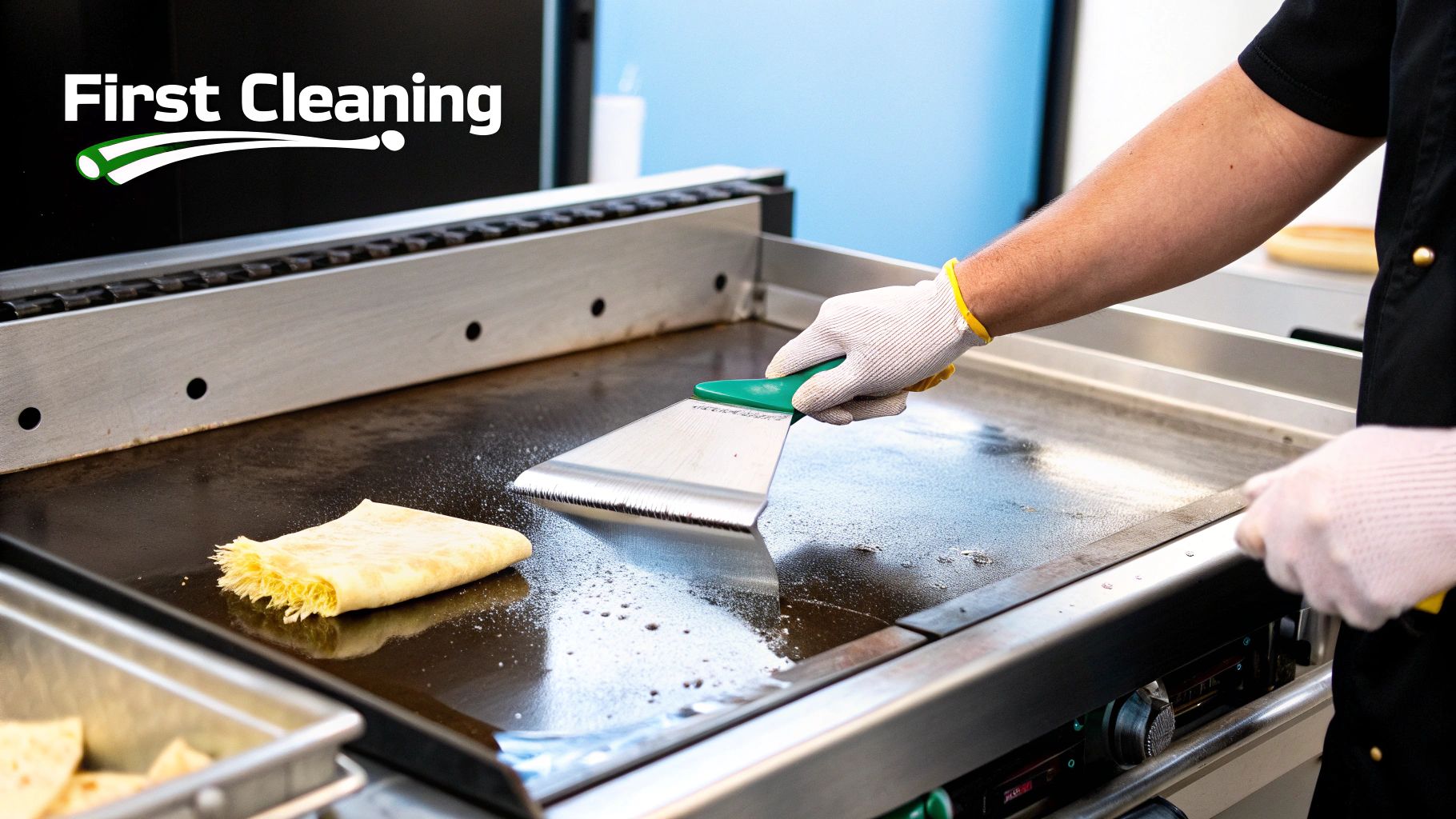 A person in white gloves cleans a commercial griddle with a metal scraper, alongside a crepe and cleaning solution.