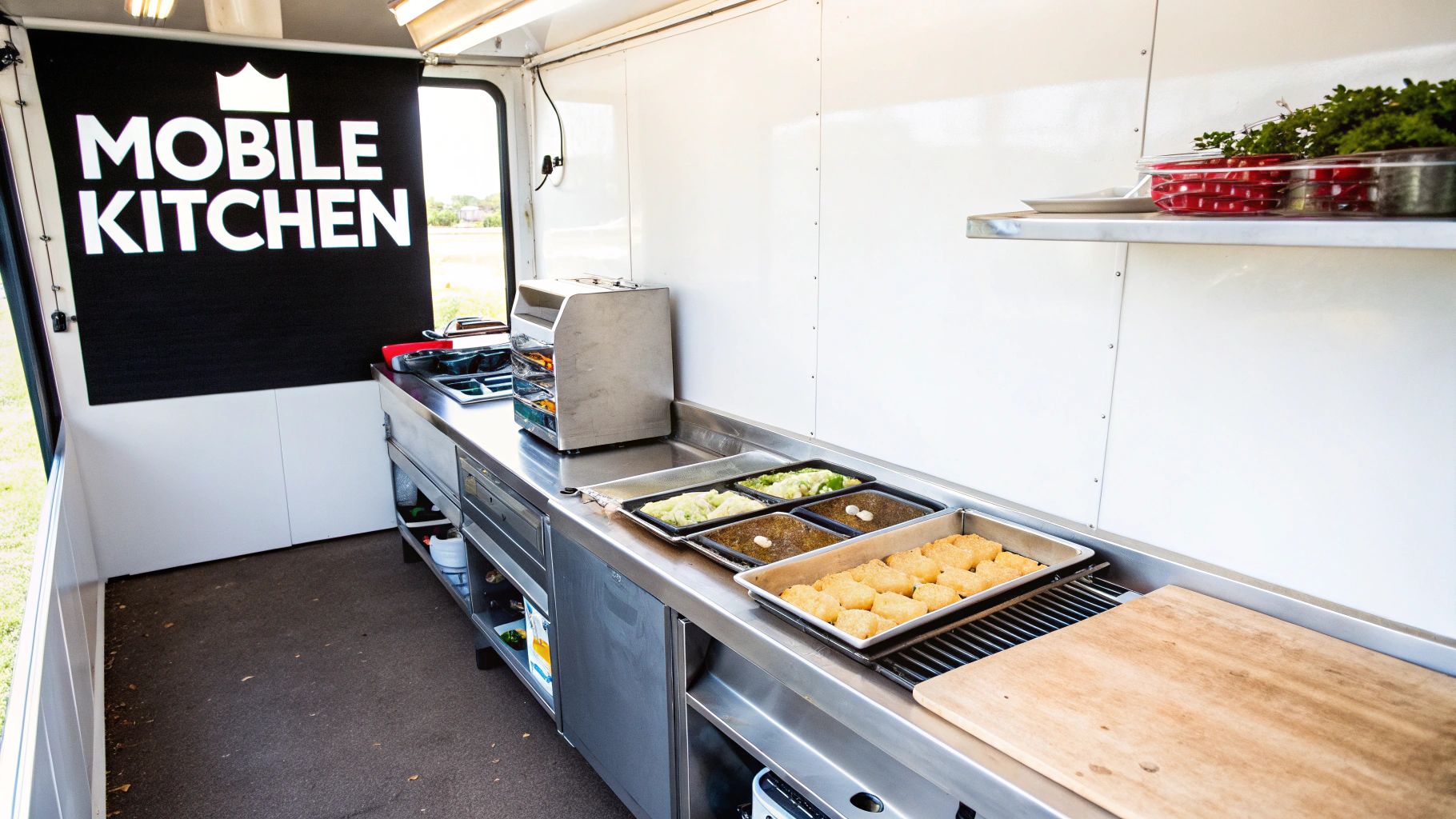 Inside a mobile kitchen showing stainless steel counters, prepared food trays, and kitchen appliances.