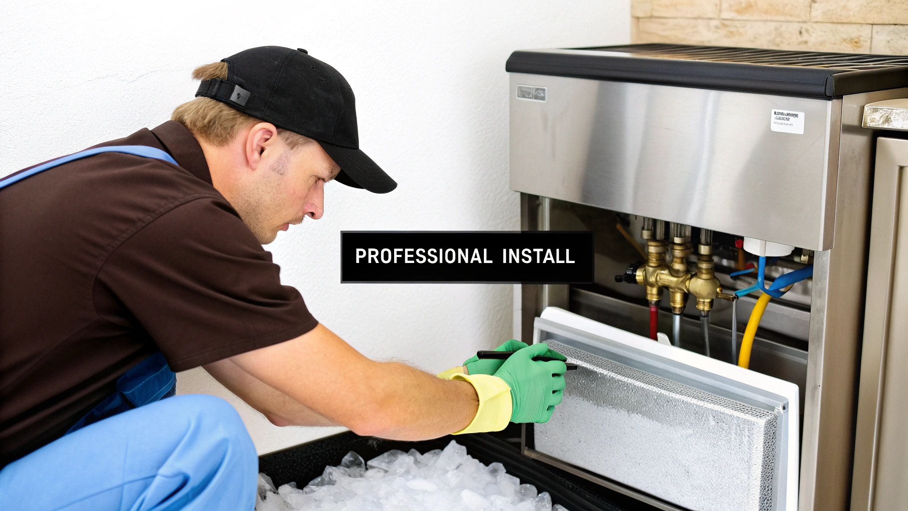 A professional technician wearing gloves is installing or repairing a commercial ice machine with ice in the bin.