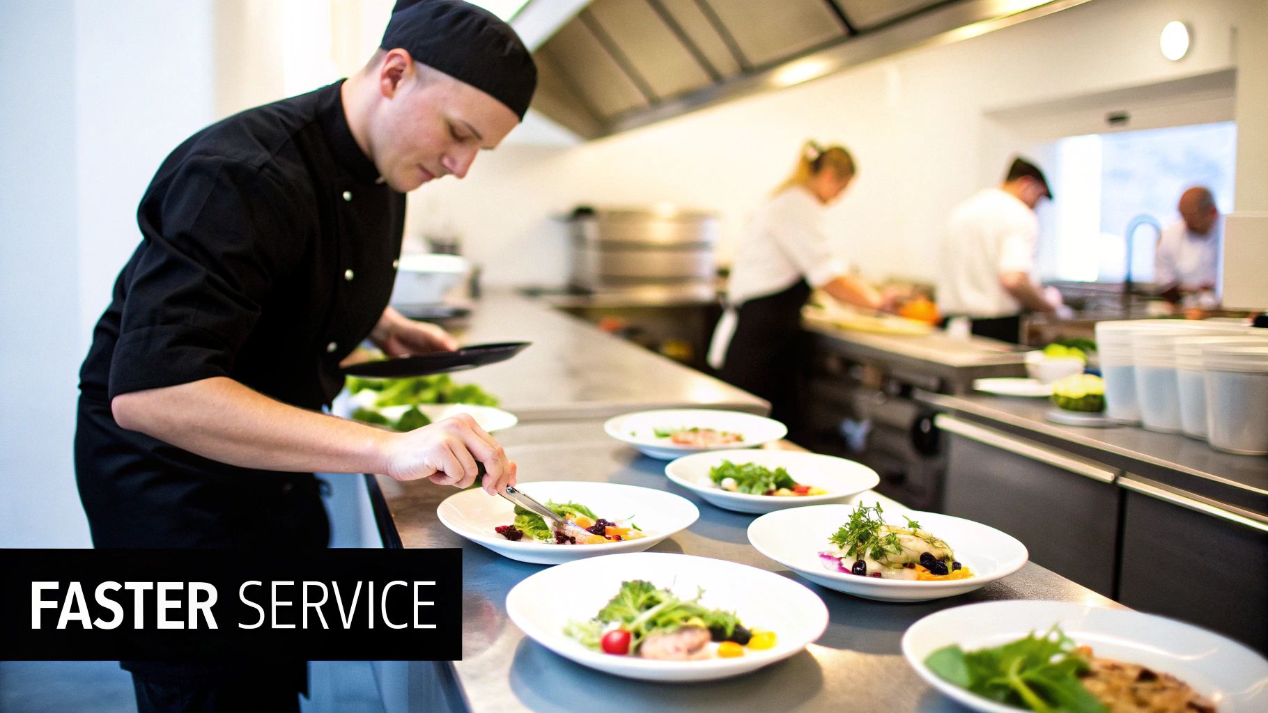 Waitstaff in a busy restaurant efficiently serving customers