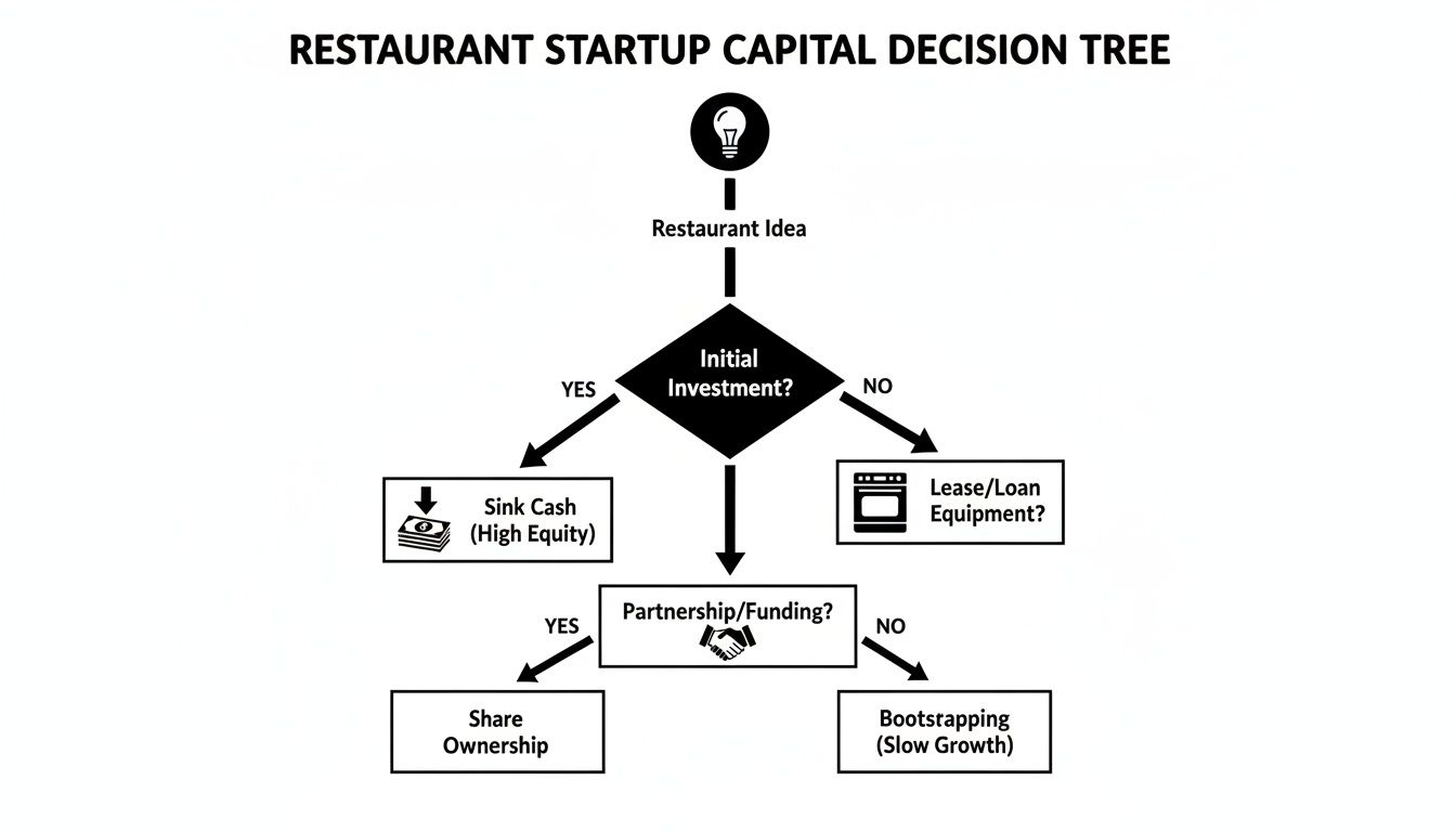 A decision tree illustrating various financing options for a restaurant startup.
