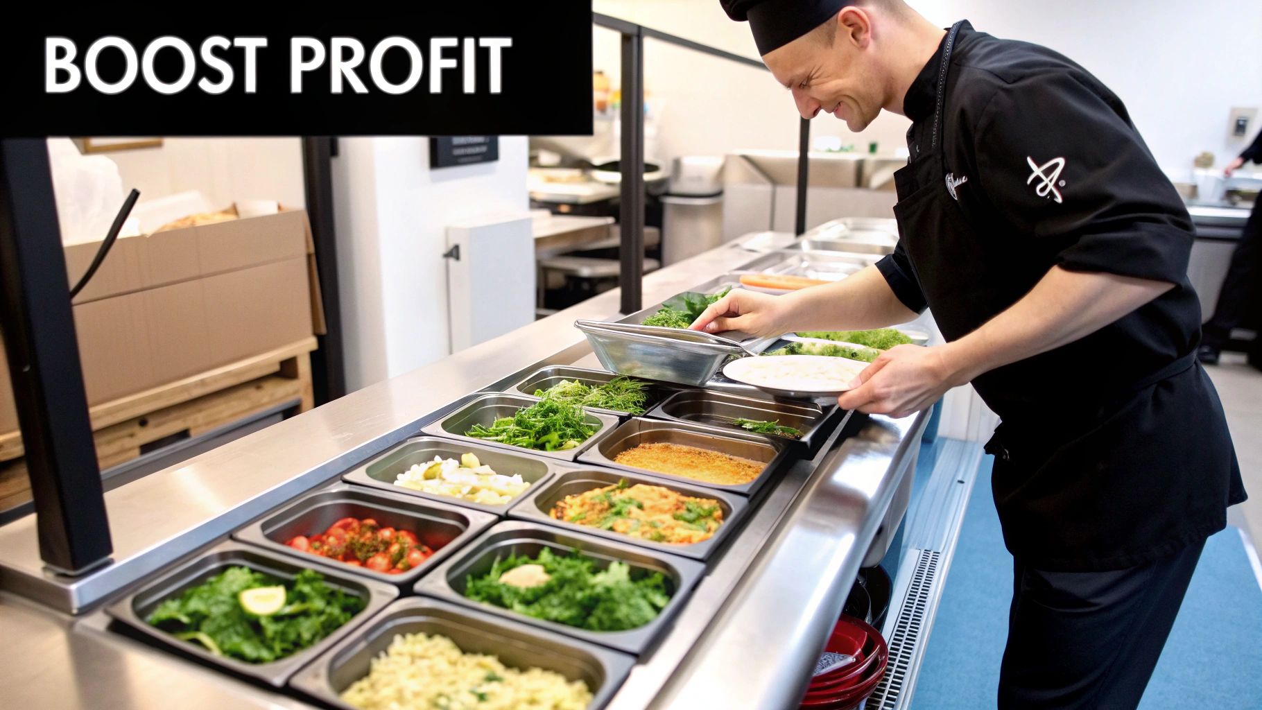 Smiling chef serves green salads and various dishes from a commercial buffet display.