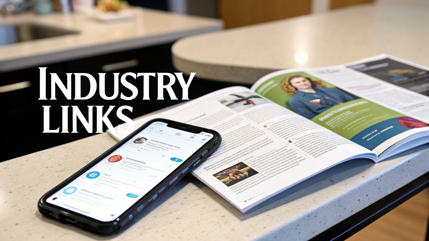 A smartphone and an open magazine with articles and photos on a counter, displaying 'INDUSTRY LINKS'.