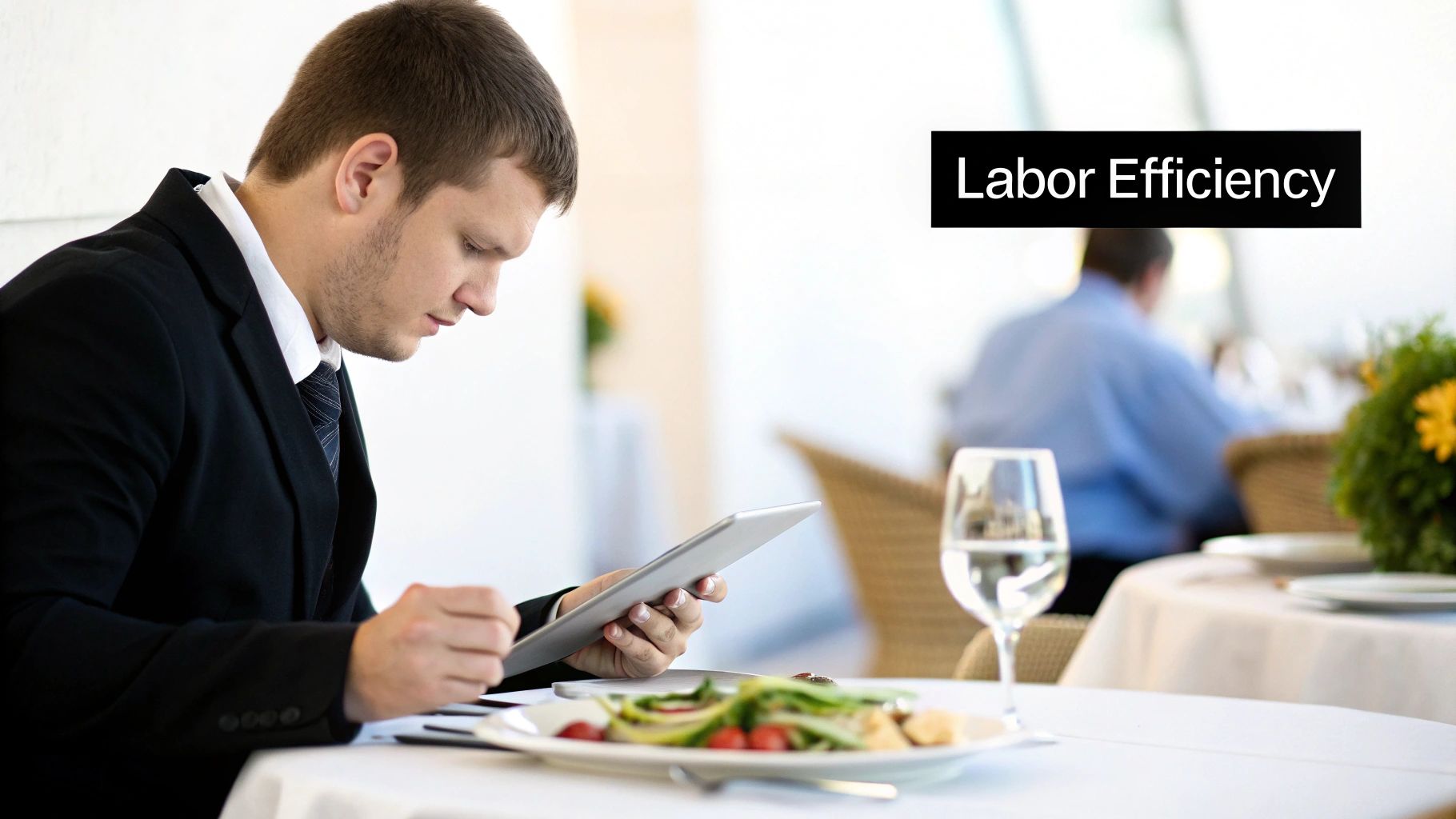 A young businessman in a suit uses a tablet at a restaurant table with a plate of salad, displaying "Labor Efficiency".