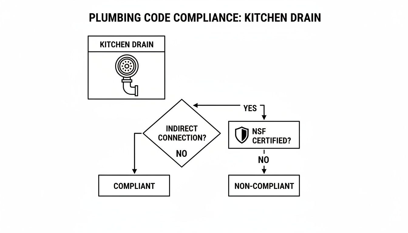Flowchart explaining kitchen drain plumbing code compliance based on indirect connection and NSF certification.
