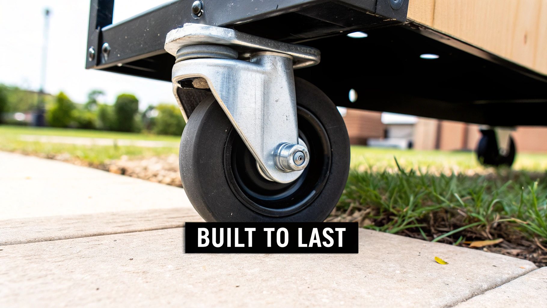 Sturdy caster wheel attached to a food service cart, ready for reliable use on outdoor terrain.