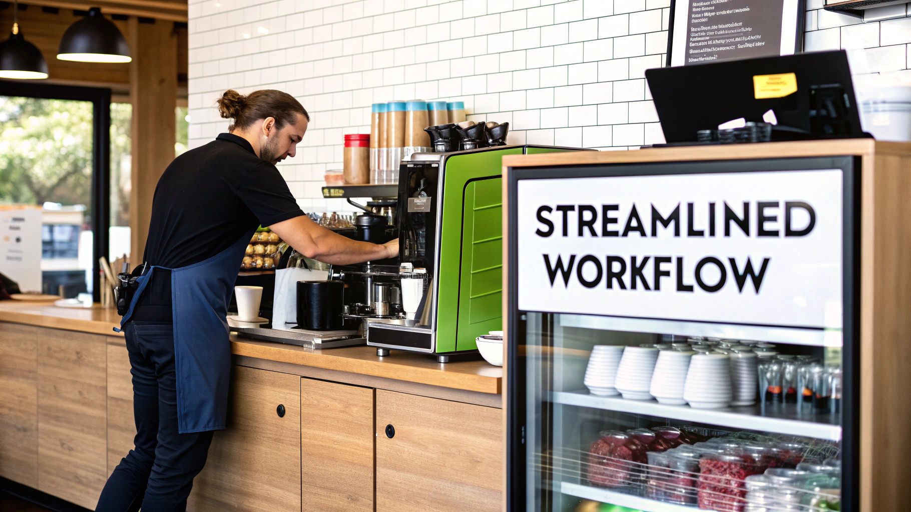 A barista operates a modern green espresso machine in a sleek coffee shop with a 'Streamlined Workflow' sign.