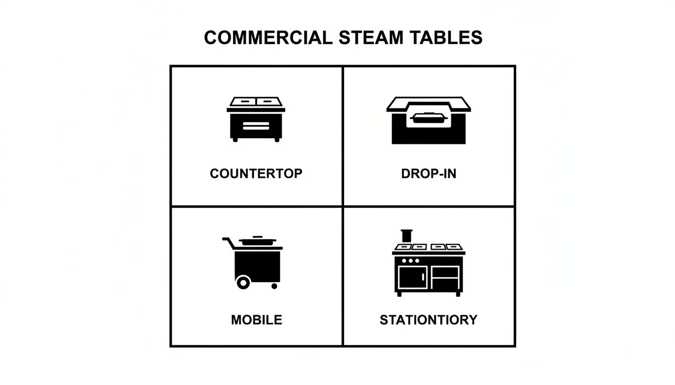 A diagram illustrating four types of commercial steam tables: countertop, drop-in, mobile, and stationary.