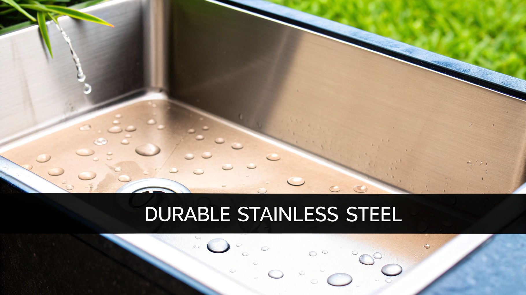 Close-up of a durable stainless steel sink with numerous water droplets, a drain, and water dripping from a leaf.