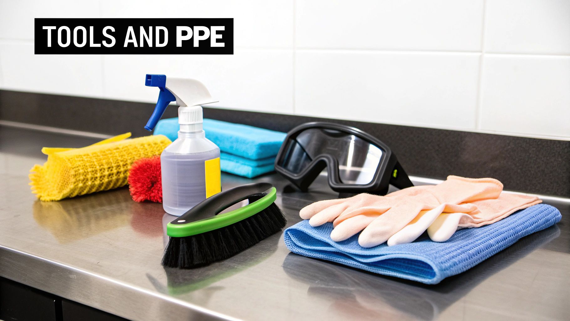 A collection of cleaning tools and PPE, including a spray bottle, brushes, cloths, gloves, and safety goggles, laid out on a stainless steel counter.
