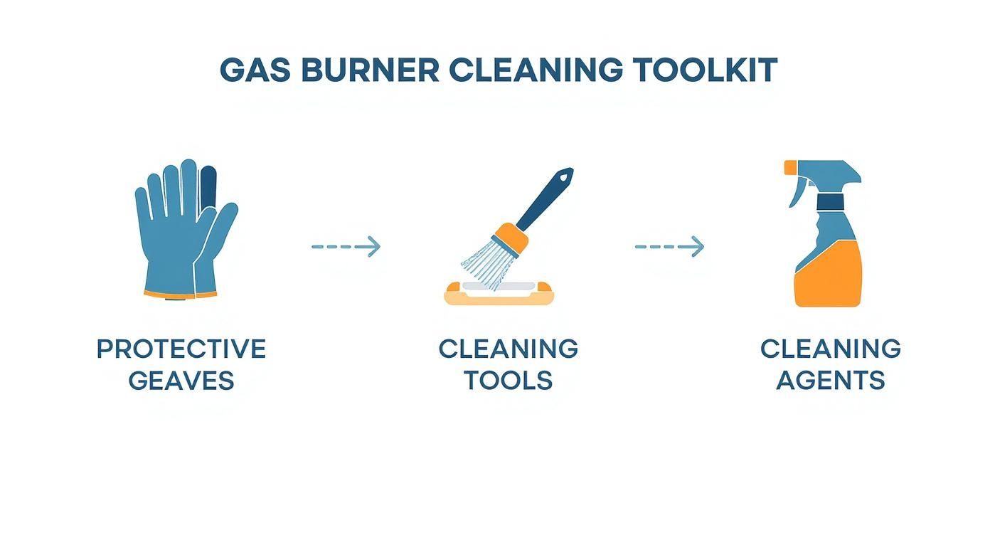 Gas burner cleaning toolkit showing protective gloves, cleaning tools with brush, and spray bottle cleaning agents