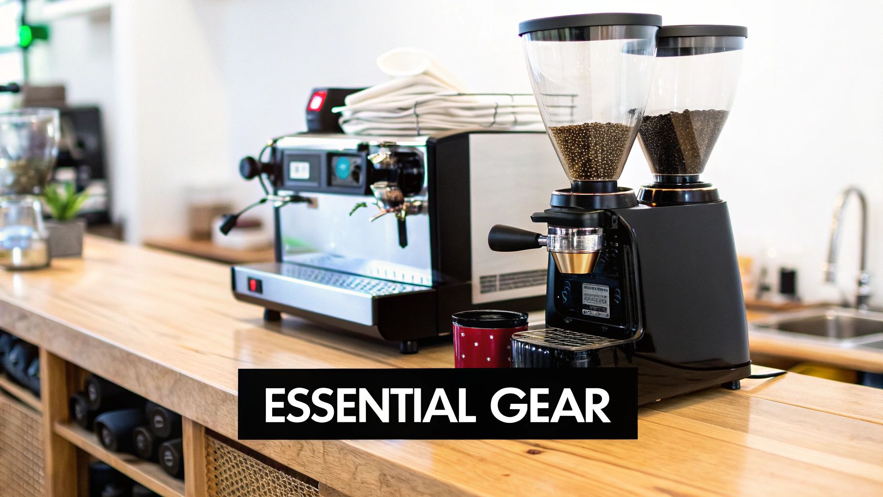 A coffee bar with essential gear: an espresso machine, coffee grinders, and a mug.