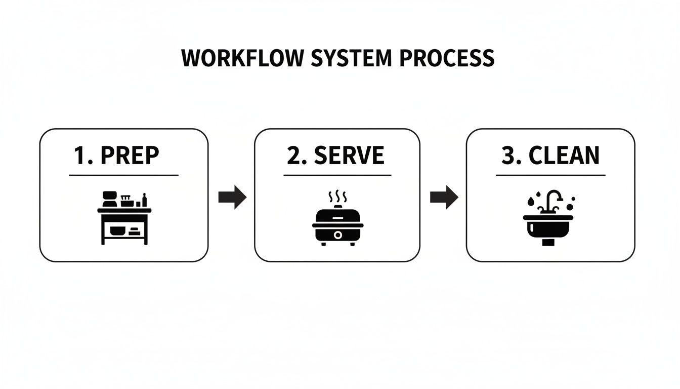 Workflow system process showing food preparation, serving, and cleaning steps with icons.