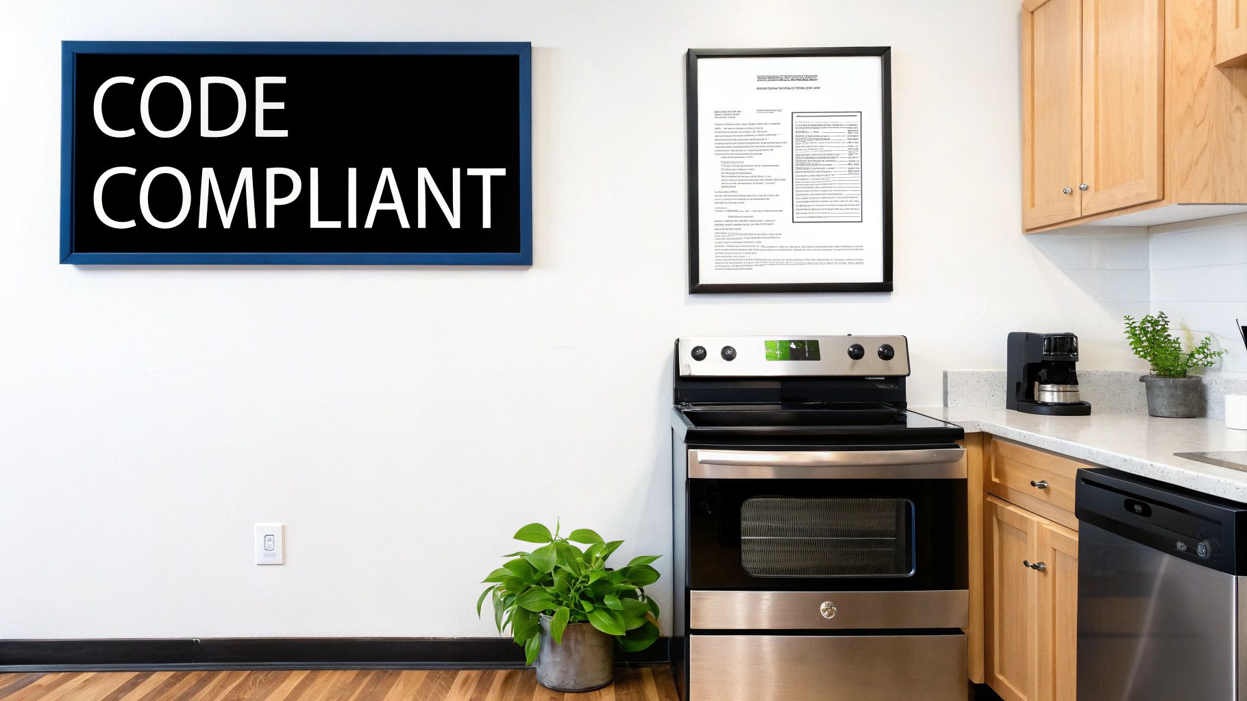 A bright, modern kitchen features stainless steel appliances, a coffee maker, and a 'CODE COMPLIANT' sign.