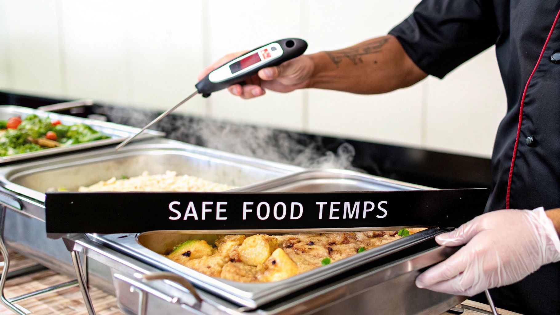 Chef checking hot food temperature in a buffet line with a digital thermometer for safe food handling.