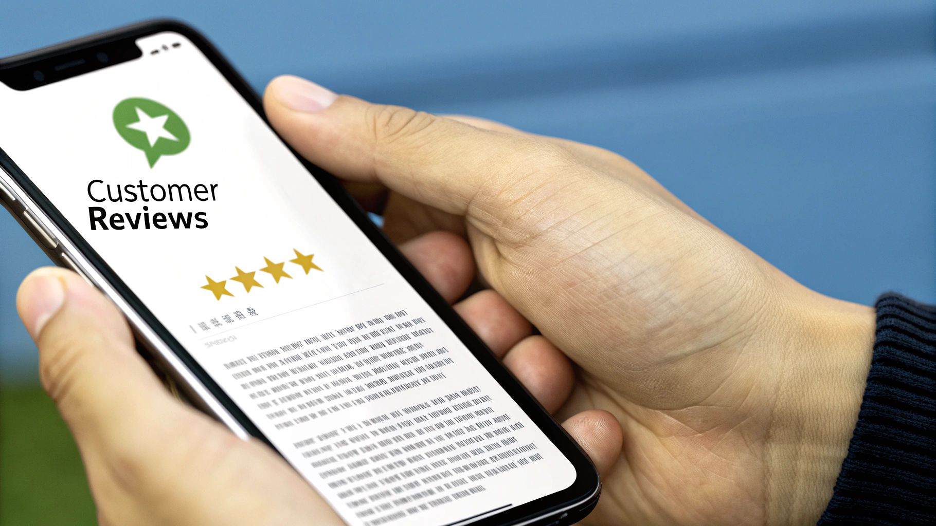 A hand holds a smartphone displaying a 'Customer Reviews' screen with a 4-star rating.