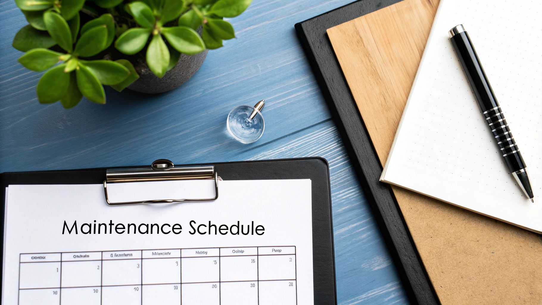 A top-down view of a blue desk with a maintenance schedule document, a plant, and a pen.