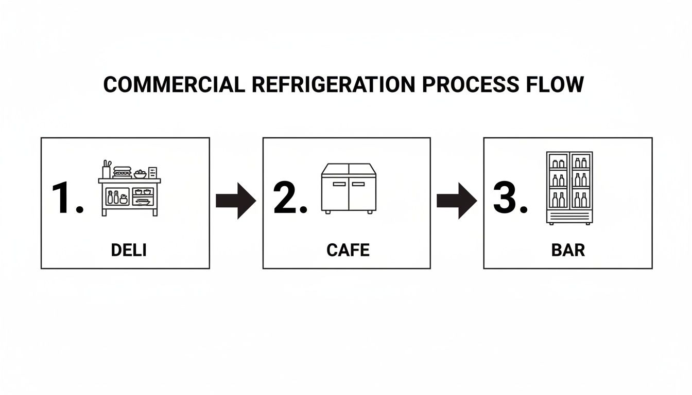 Flow diagram illustrates commercial refrigeration uses in deli, cafe, and bar environments.