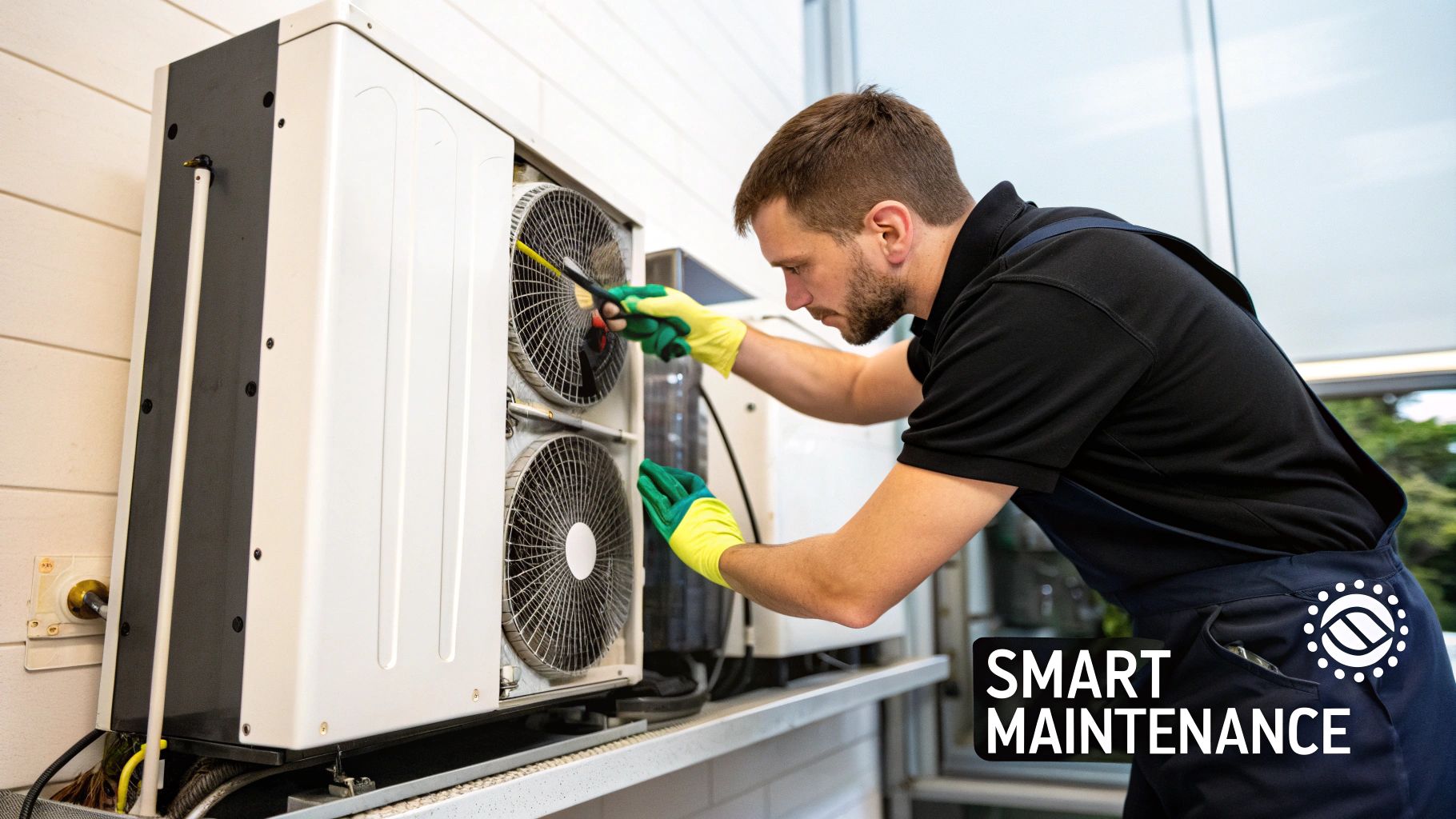 A skilled technician wearing gloves is performing maintenance on an outdoor HVAC unit, cleaning its fans.