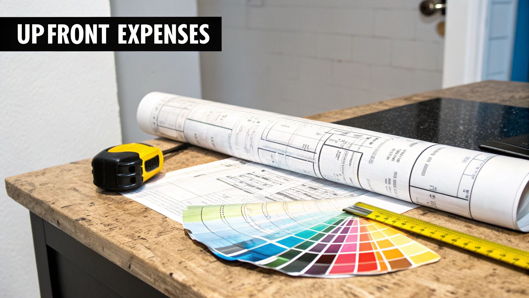 Architectural blueprints, a color swatch, and measuring tools on a desk, representing upfront expenses.