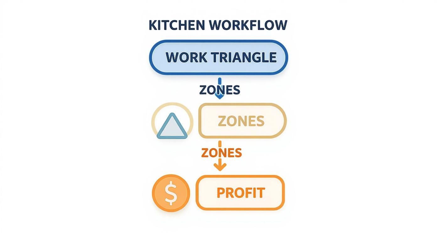 Flowchart illustrating kitchen workflow from work triangle and zones to ultimate profit optimization.