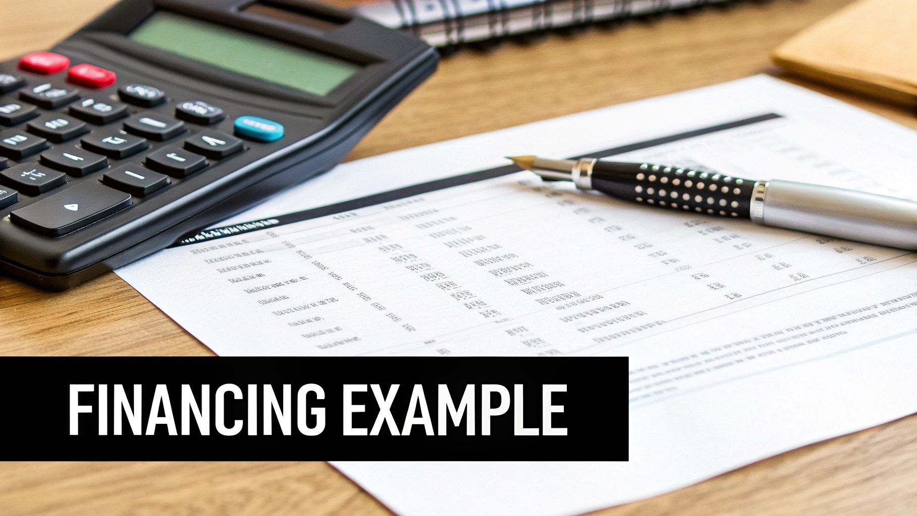 Close-up of a calculator, pen, and financial document on a wooden desk, labeled 'FINANCING EXAMPLE'.