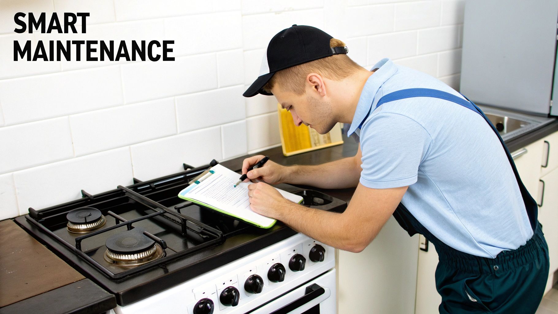 A maintenance worker in a cap and overalls inspecting a gas stove and writing on a clipboard in a kitchen.