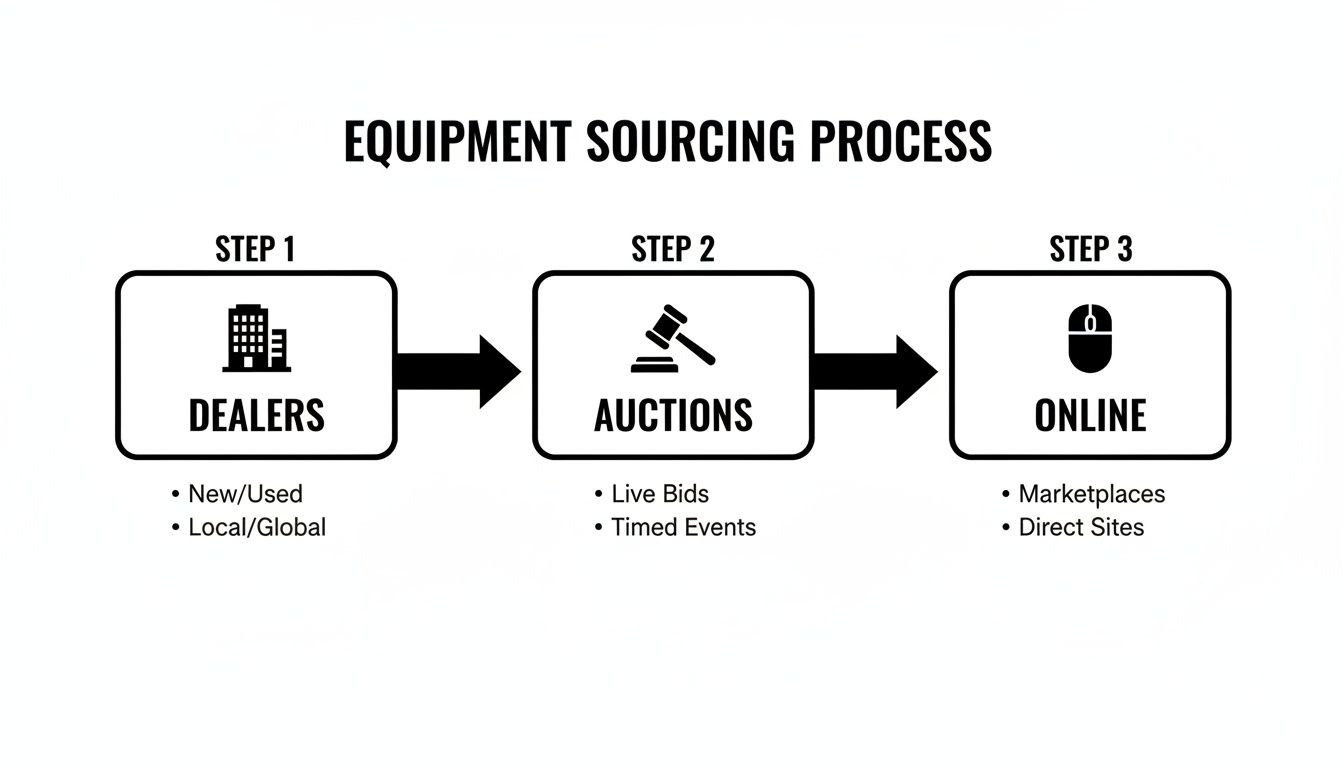 Flowchart illustrating the equipment sourcing process through dealers, auctions, and online platforms.