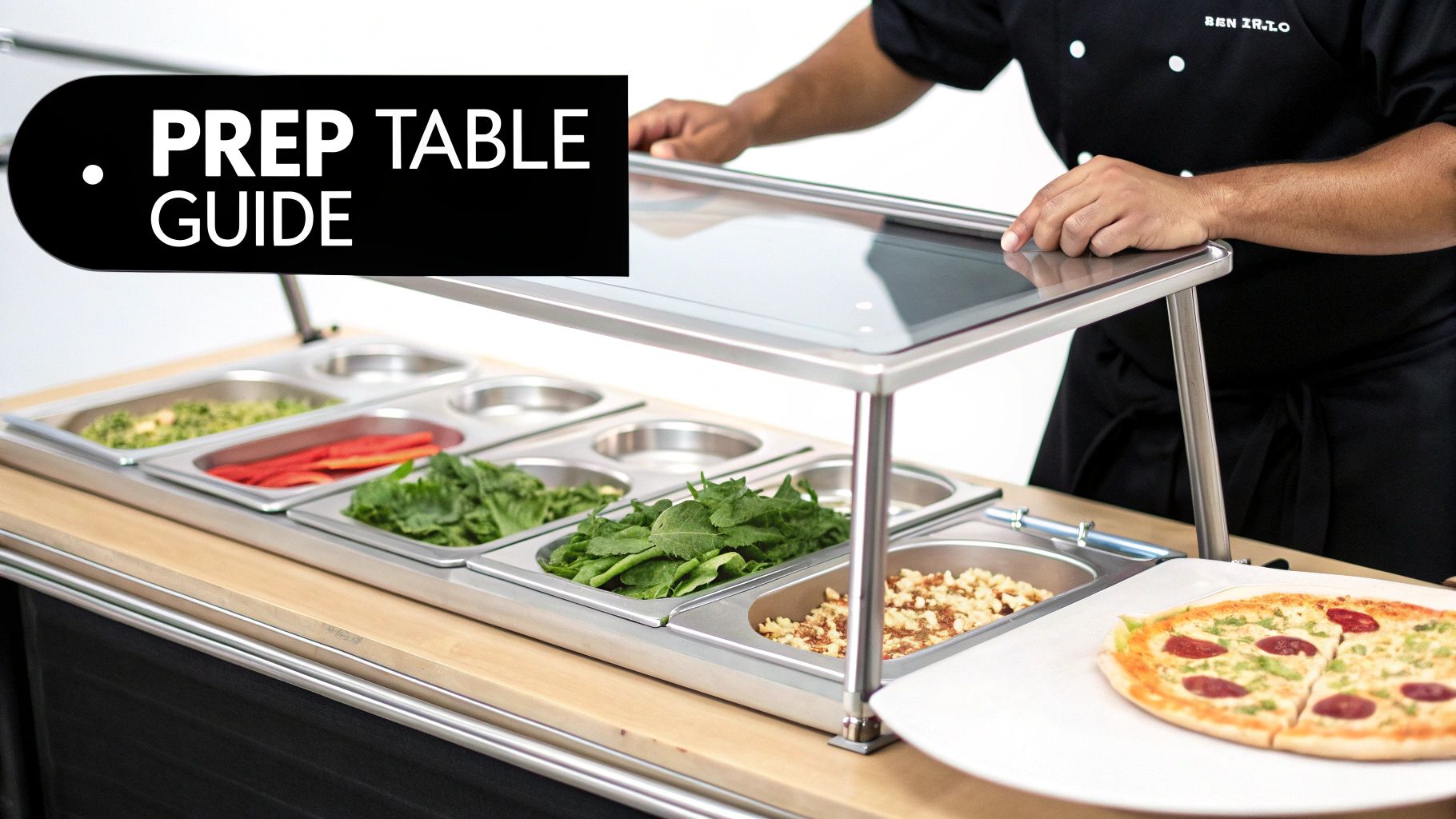 A chef uses a commercial food prep table with fresh ingredients and a prepared pizza.
