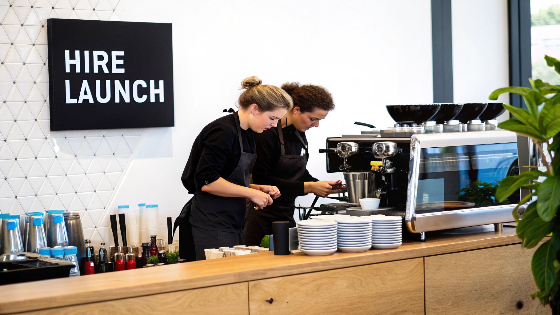A barista skillfully preparing a latte in a beautifully lit cafe.