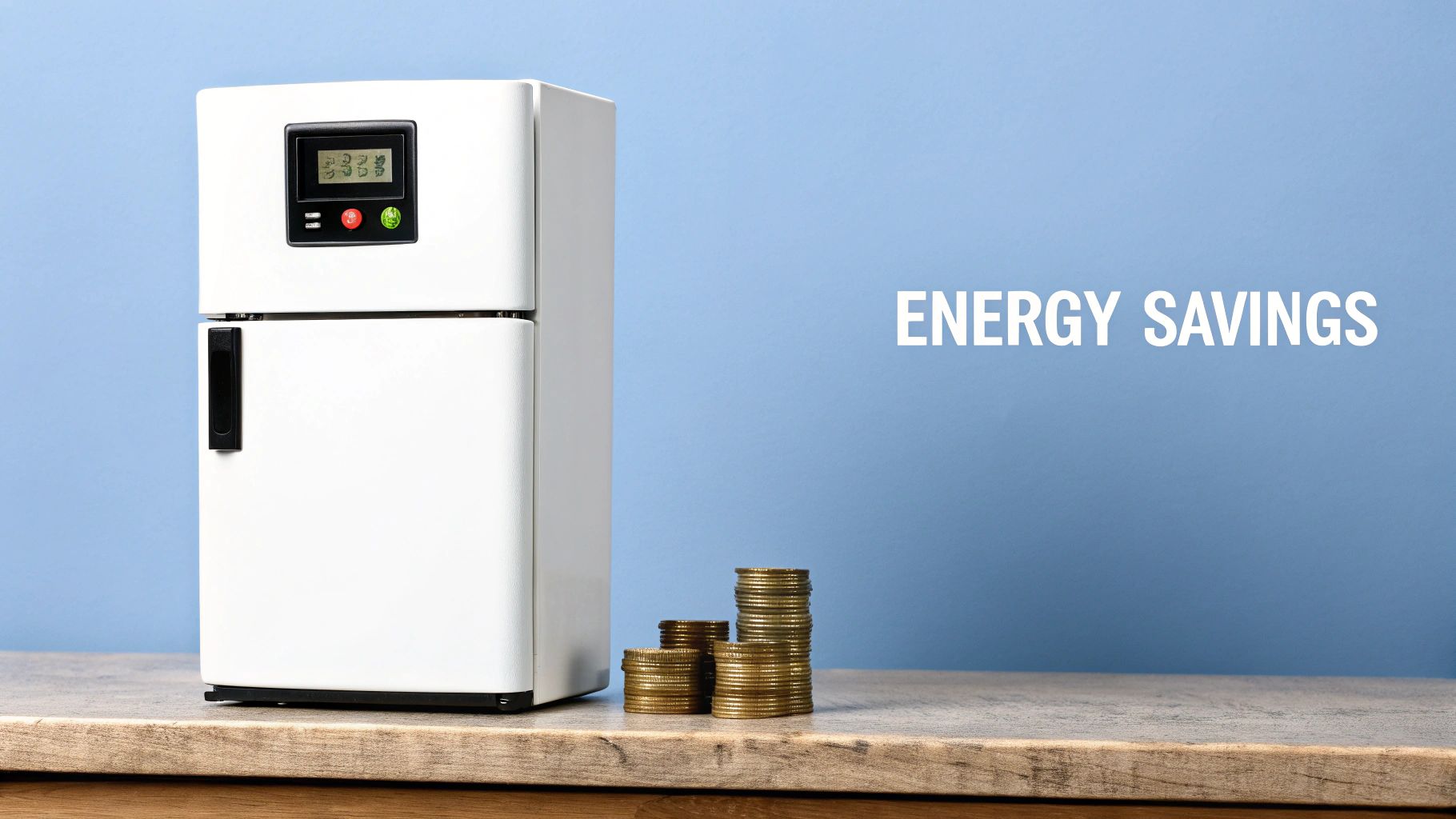 Miniature white refrigerator with digital display, stacked coins, and 'ENERGY SAVINGS' on a blue background.
