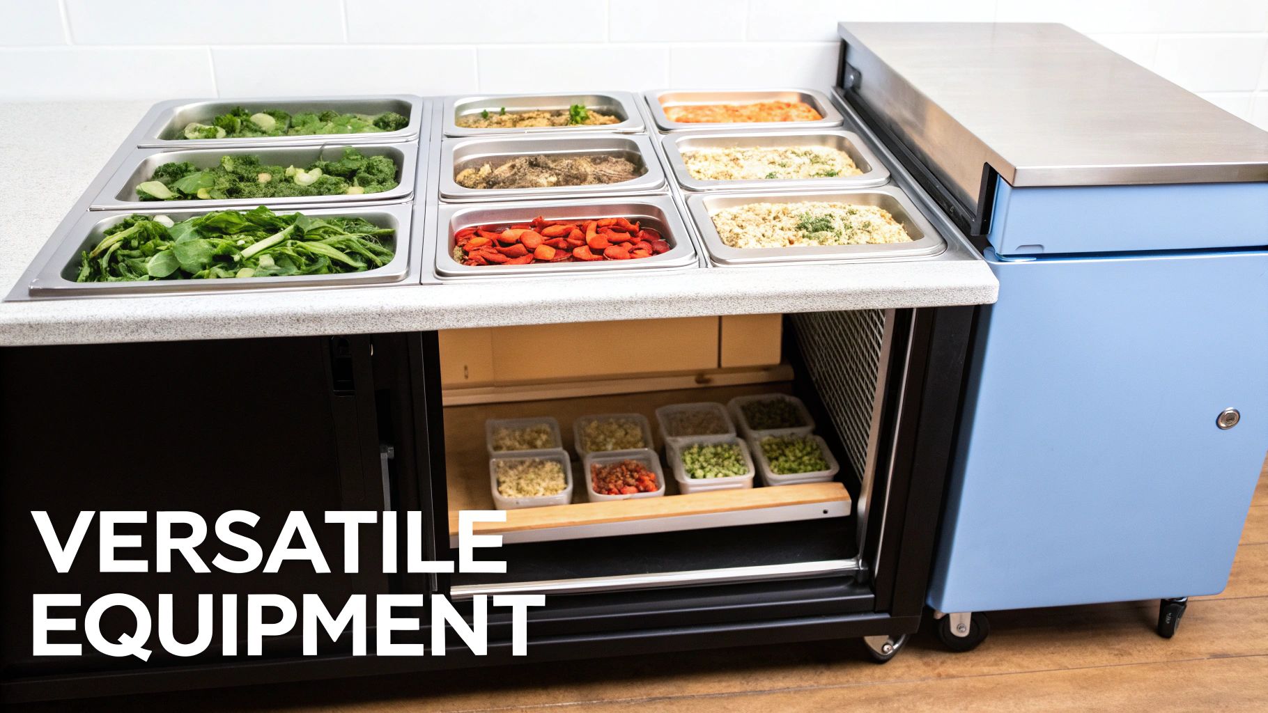 Mobile food service equipment with assorted hot and cold food pans, storage for ingredients, and a refrigerator.