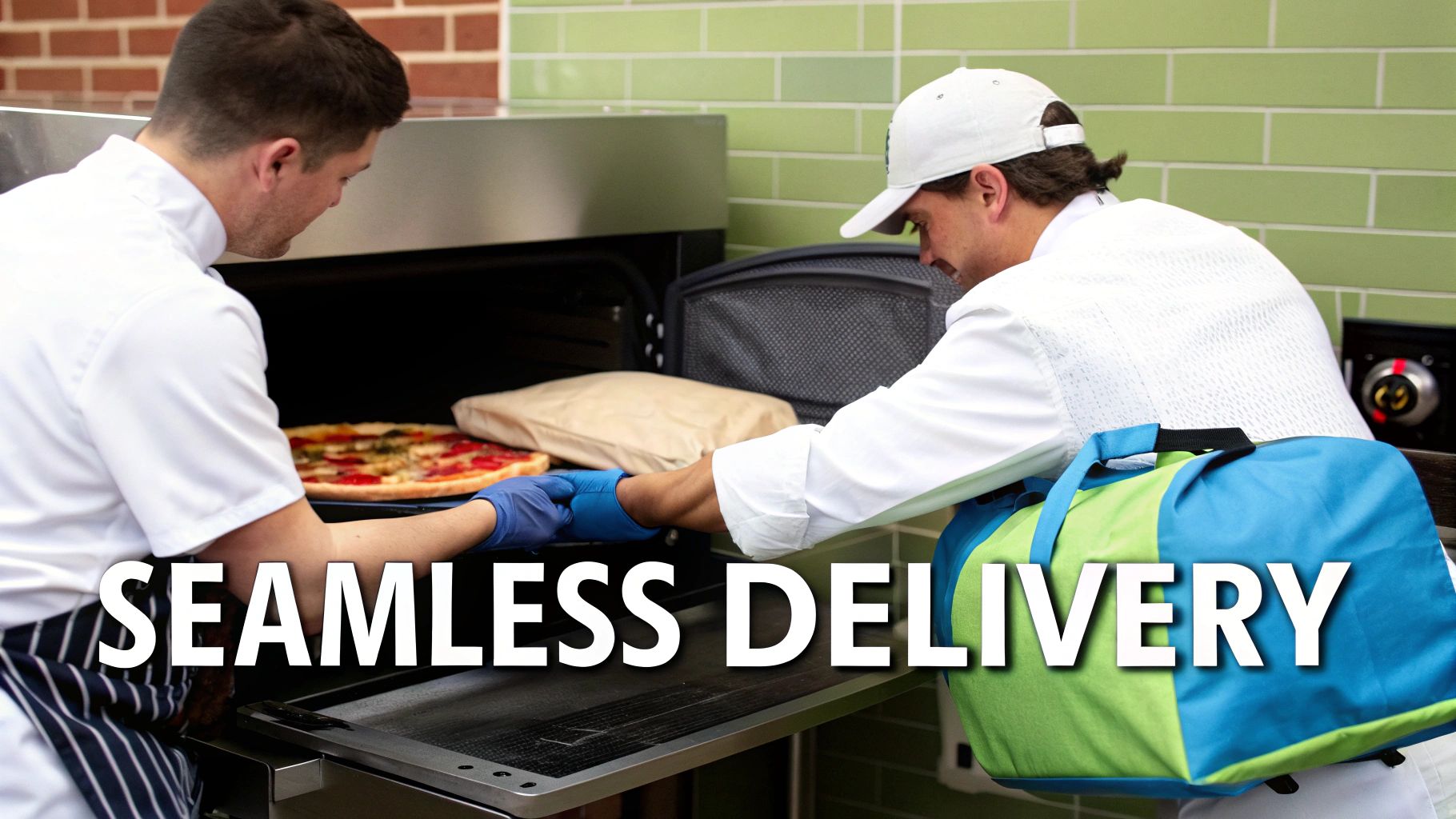 Two people in a kitchen, one preparing pizza, another packing food into a delivery bag.