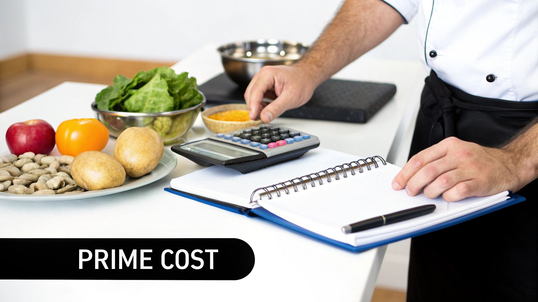 A chef calculates prime costs for restaurant food ingredients using a calculator and notebook.
