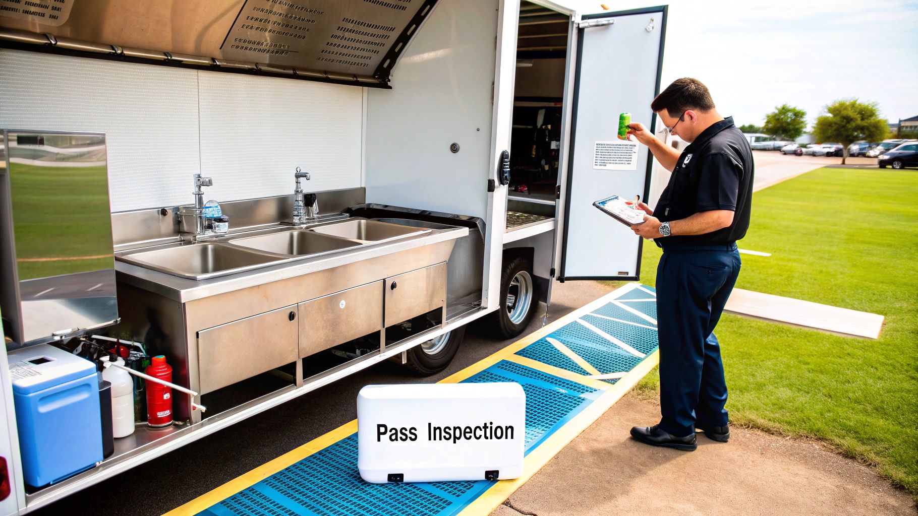 An inspector examines a food truck's stainless steel kitchen area, with a 'Pass Inspection' sign on the ground.