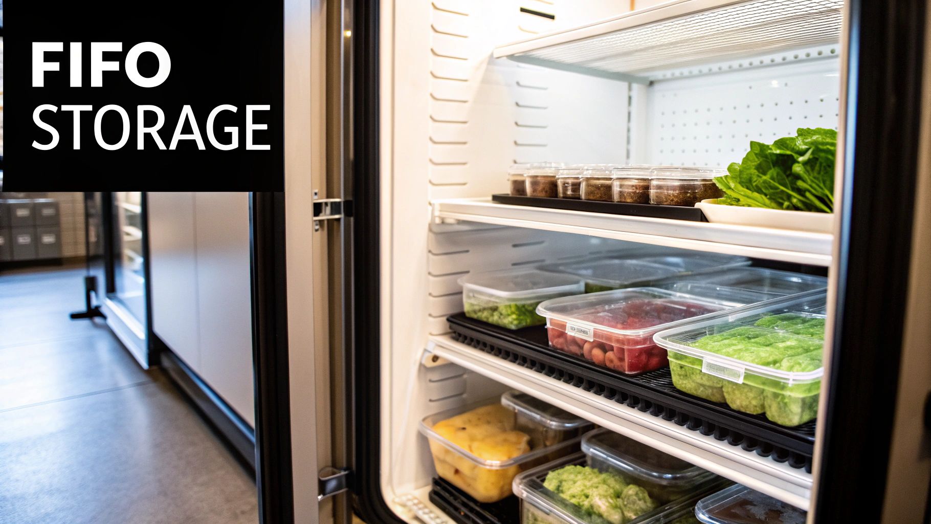 An open commercial refrigerator displaying neatly organized food items in clear containers, with a "FIFO STORAGE" sign.