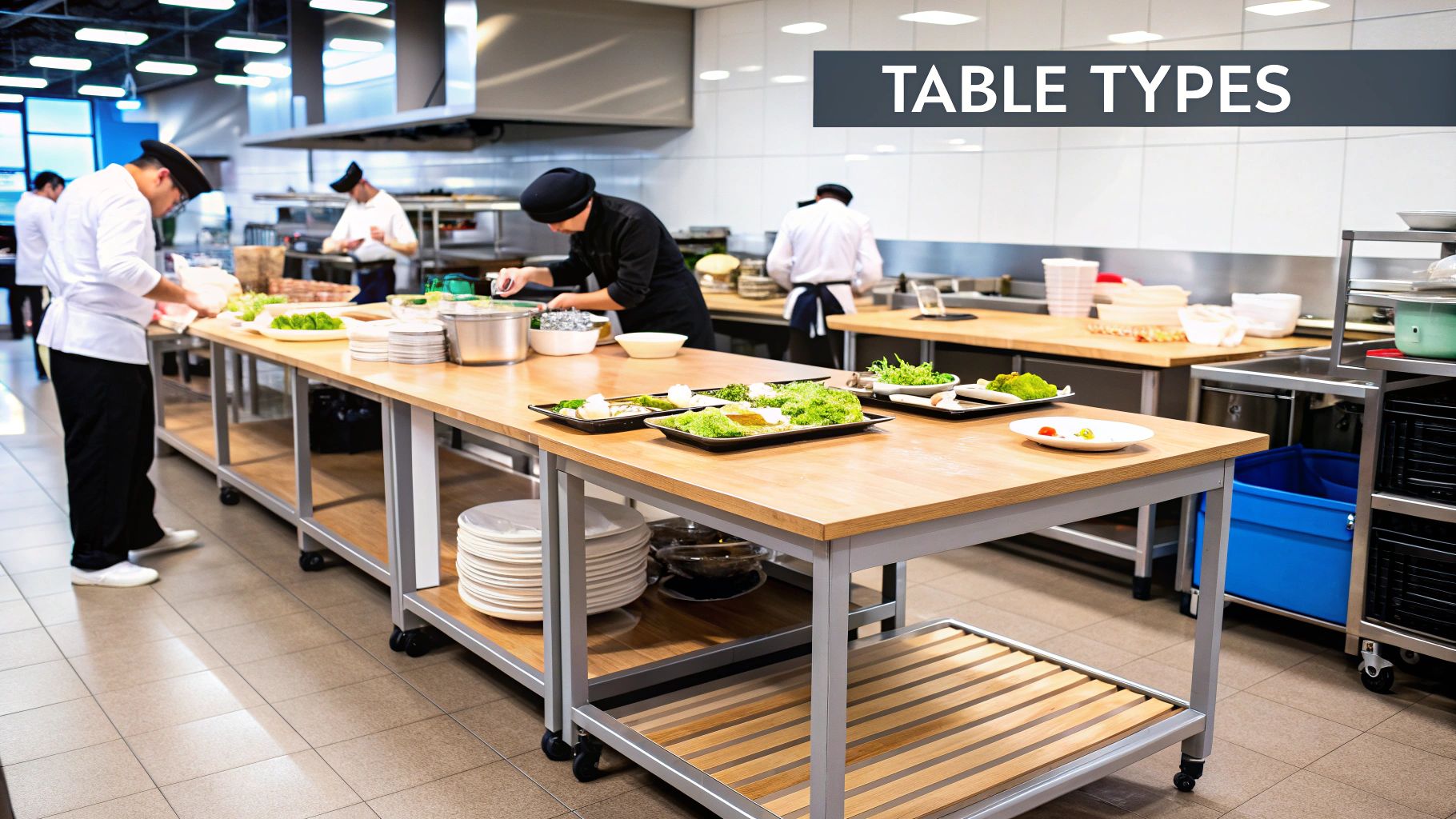 A chef preparing food on a stainless steel kitchen work table in a commercial kitchen.