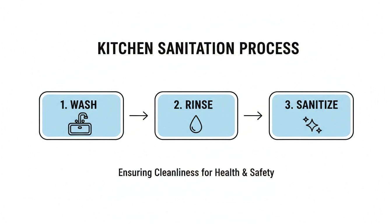 An infographic shows a three-step kitchen sanitation process: 1. Wash (with a sink), 2. Rinse (with a water drop), 3. Sanitize (with sparkles).