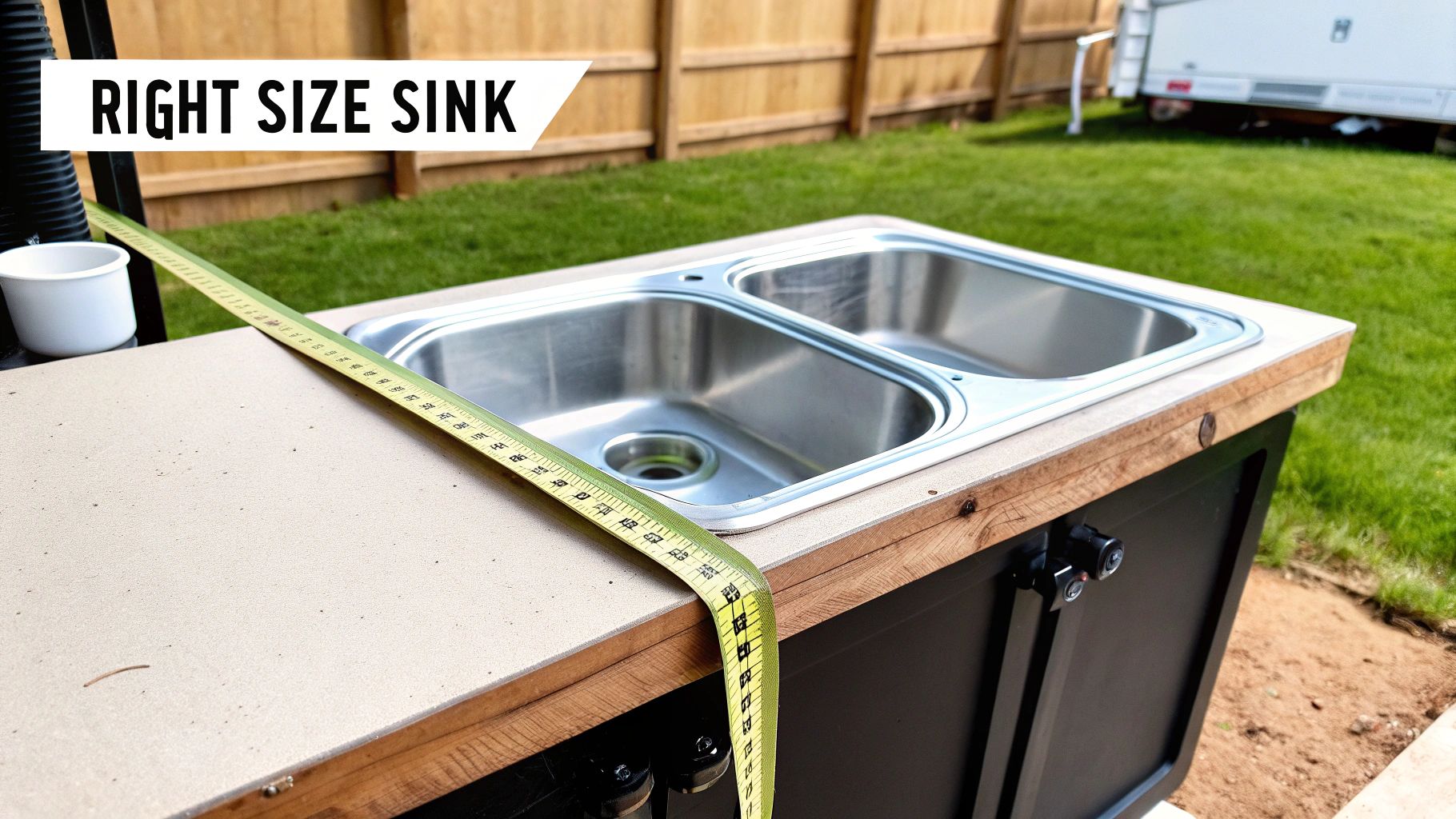 An outdoor double sink with a measuring tape on the counter, emphasizing the 'right size sink'.
