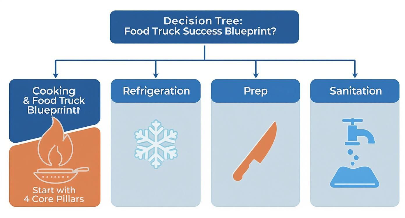 A food truck success blueprint decision tree showing cooking, refrigeration, prep, and sanitation pillars.