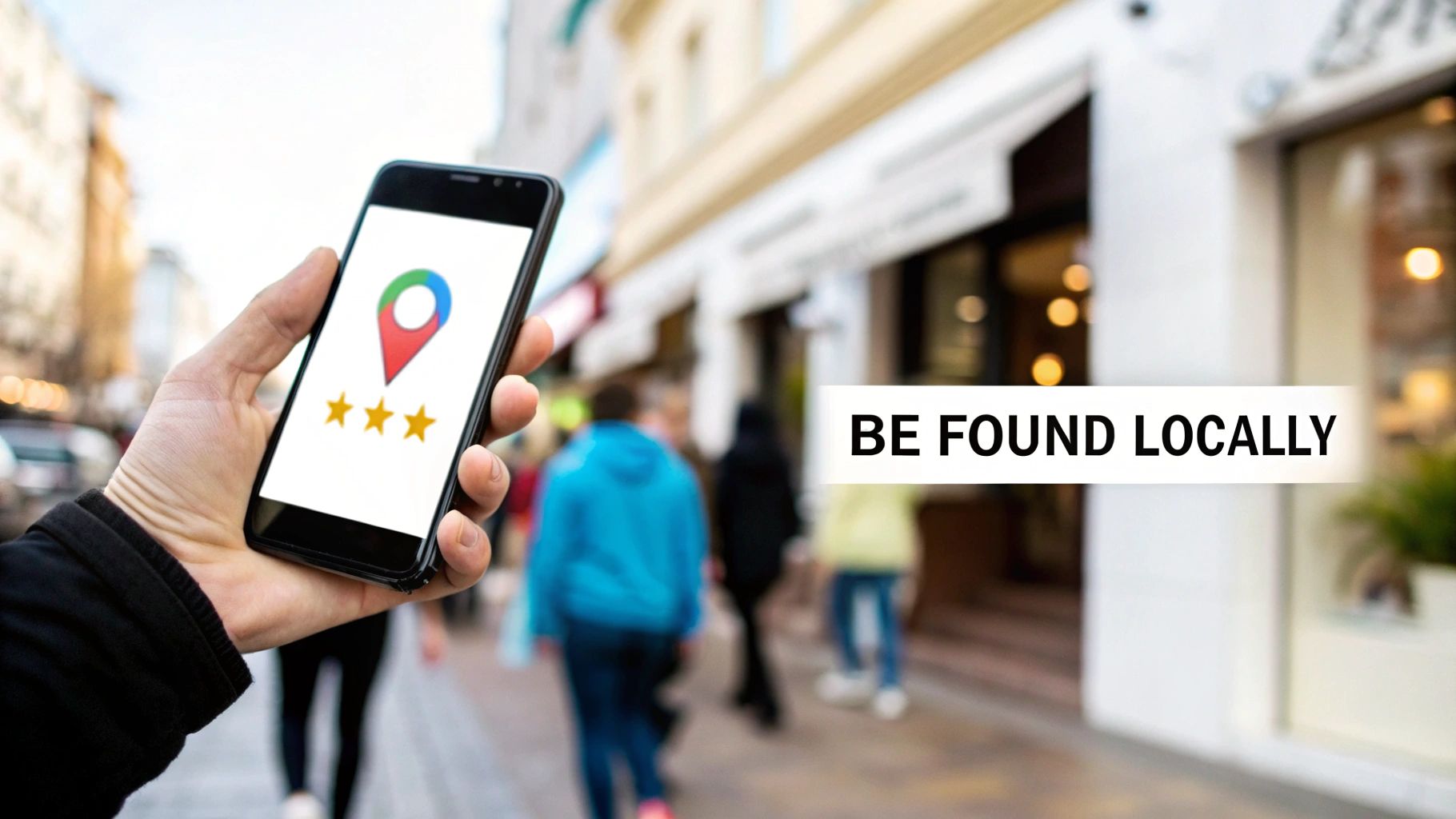 Smartphone displaying a map icon and three stars, with text 'BE FOUND LOCALLY' for local businesses.