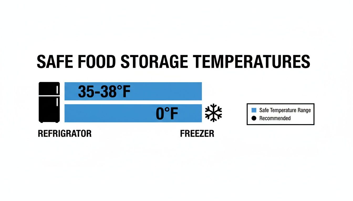Infographic showing safe food storage temperatures: refrigerator 35-38°F and freezer 0°F.