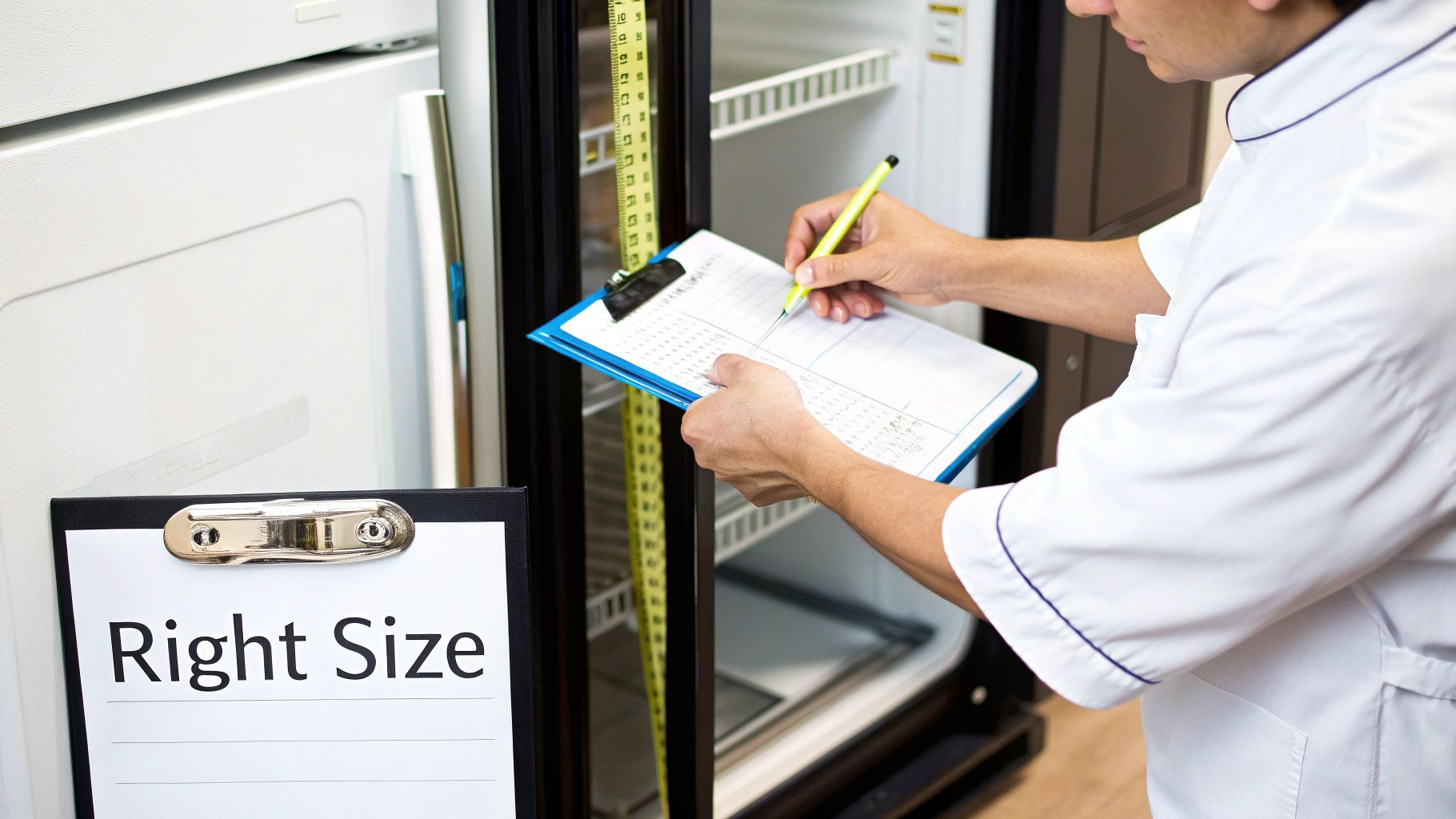 A person in a white uniform measures a commercial refrigerator's interior with a tape measure and records data.