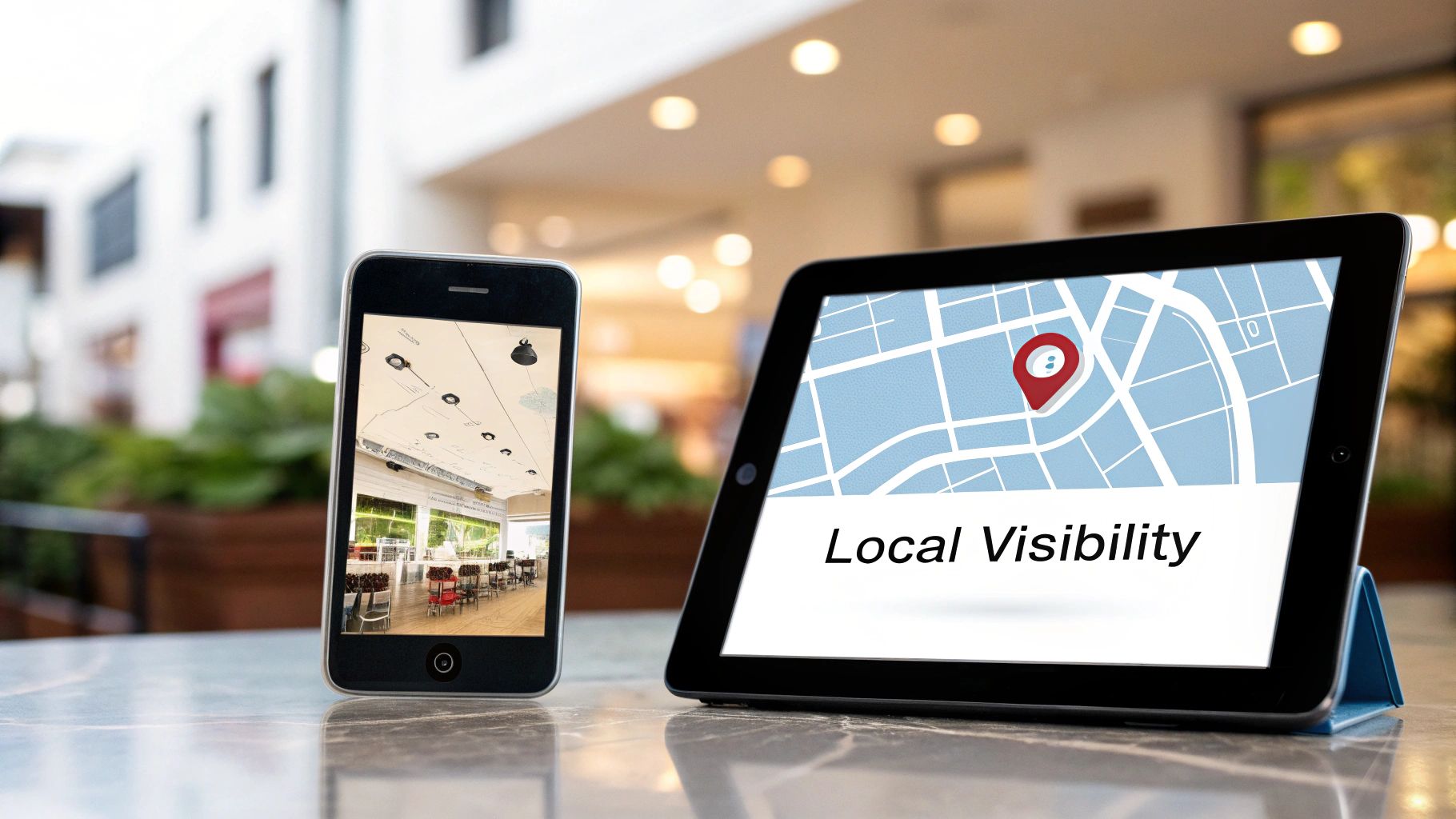 Smartphone showing a cafe interior and tablet displaying a map with "Local Visibility" text on a table.