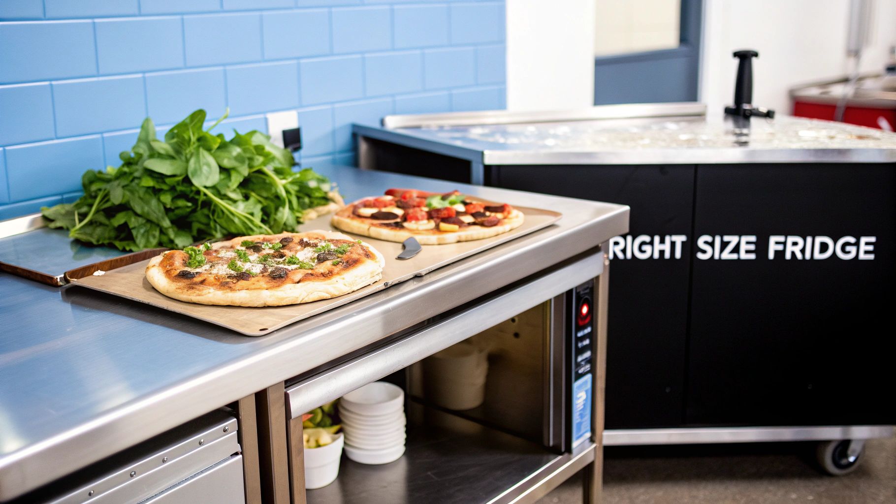Delicious pizzas and fresh spinach on a stainless steel kitchen counter with an under-cabinet fridge.