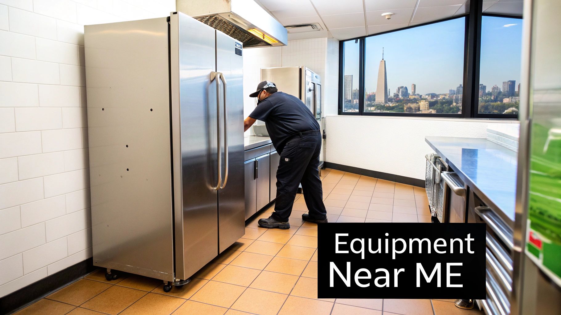 A person working in a commercial kitchen with stainless steel refrigerators and city view.