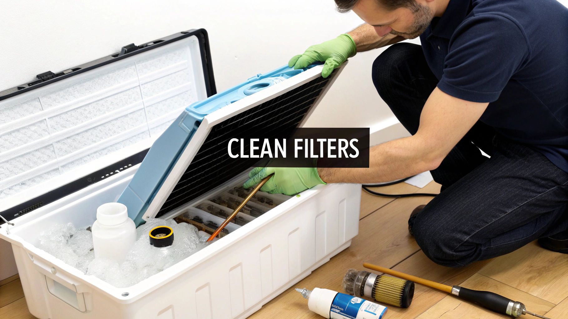 A person in green gloves cleans filters and components of an ice maker or refrigeration unit.