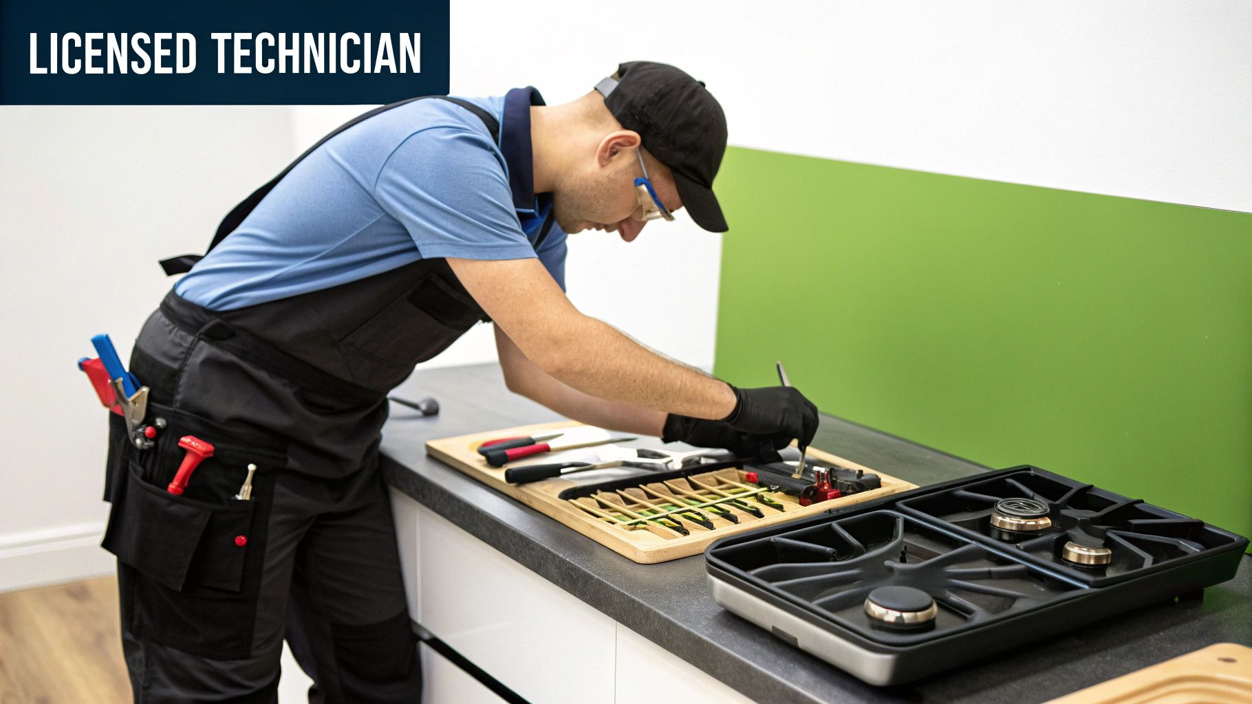 A licensed technician wearing gloves and safety glasses adjusts a gas stove burner with tools.