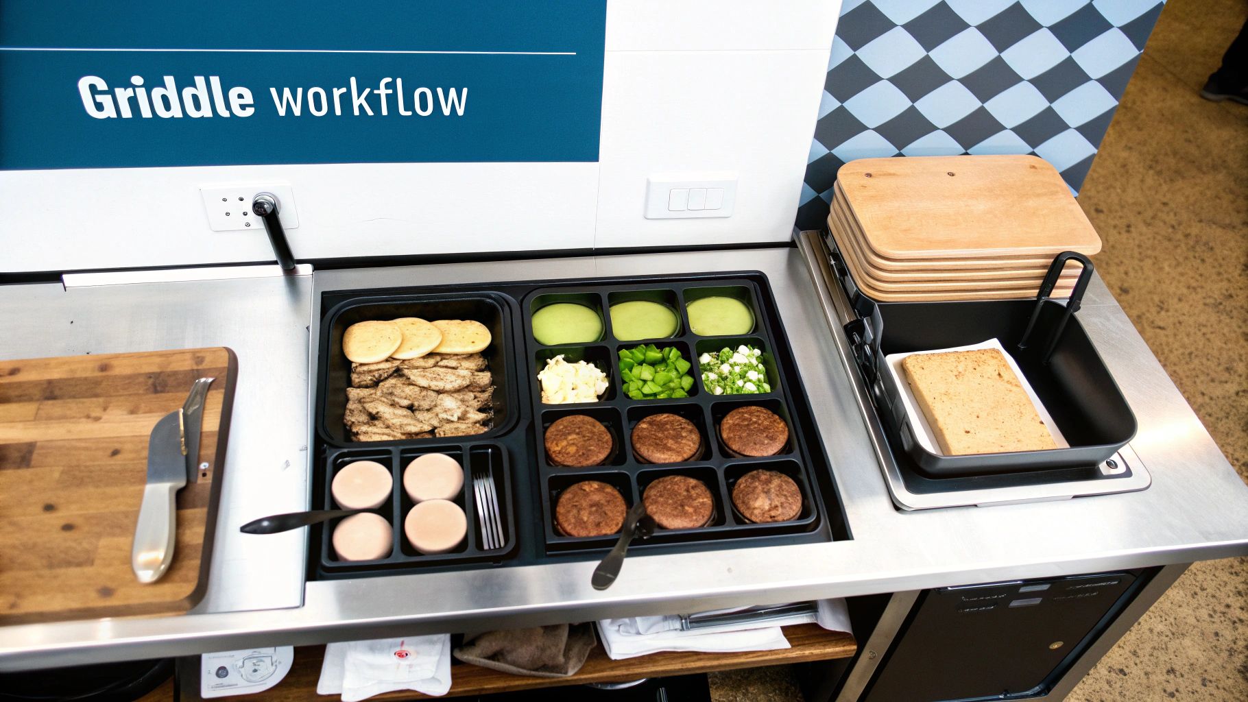 A griddle workflow setup with multiple food ingredients, a cutting board, and cooking tools on a stainless steel counter.